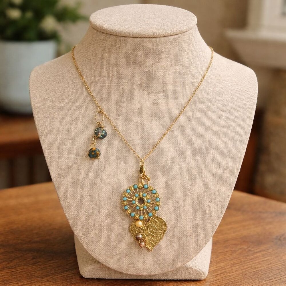 Gold Tone Pendant Necklace Blue Beads Leaf Charms Boho Statement 18 inch